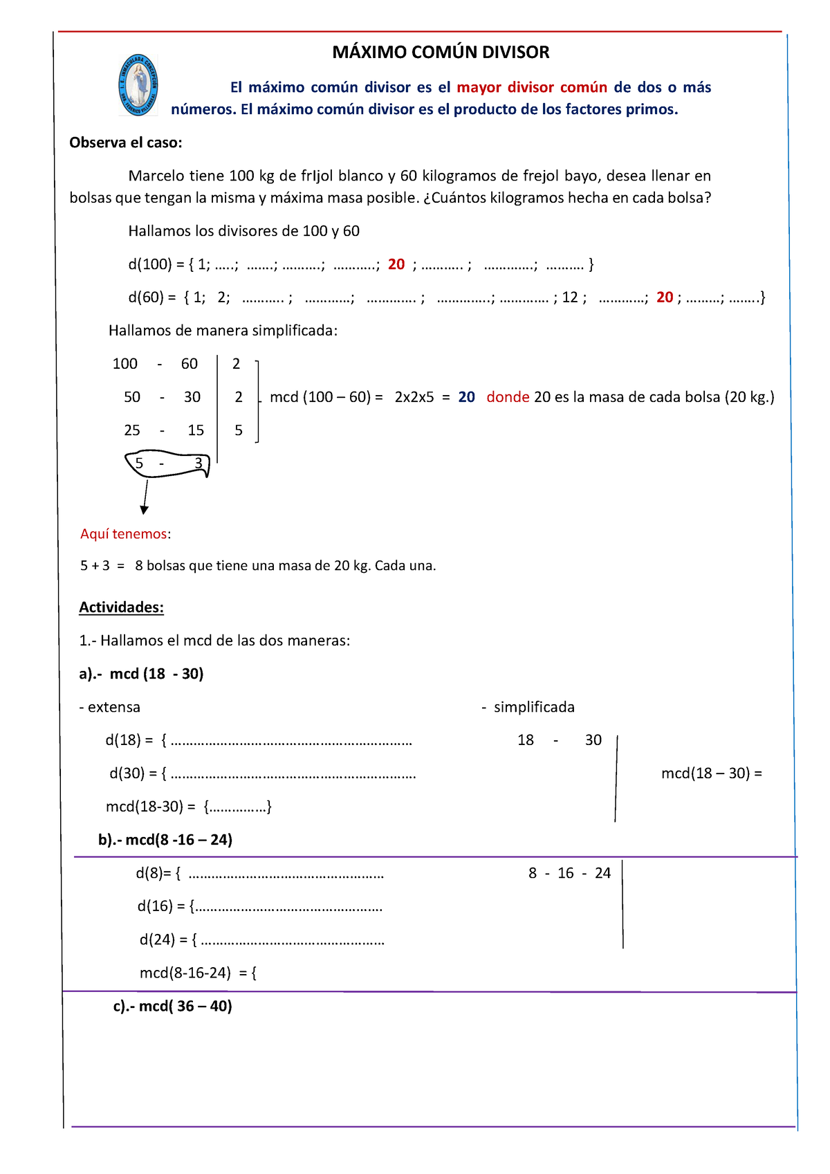 Semana 20 DIA 2 Matematica Maximo Comun Divisor 16 Agosto 2022 Quinto ...