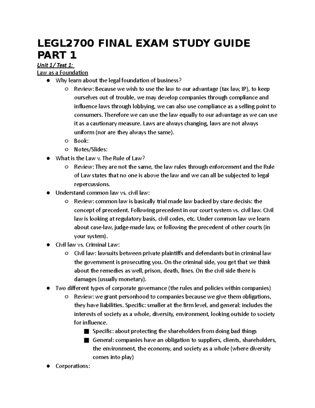 LEGL2700 Final EXAM Study Guide PART 1 - LEGL2700 FINAL EXAM STUDY ...