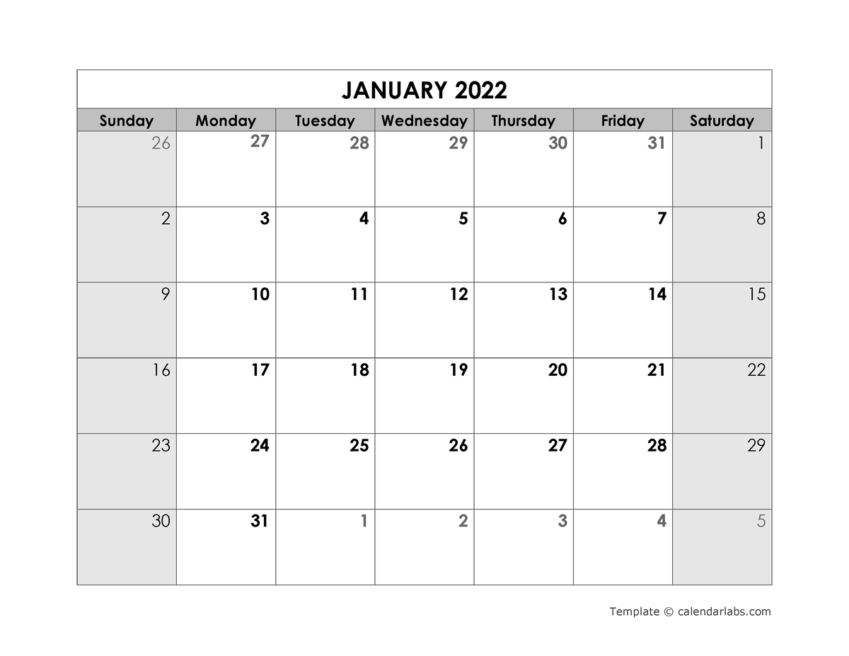 2022 blank monthly calendar 01 - Sunday Monday Tuesday Wednesday ...