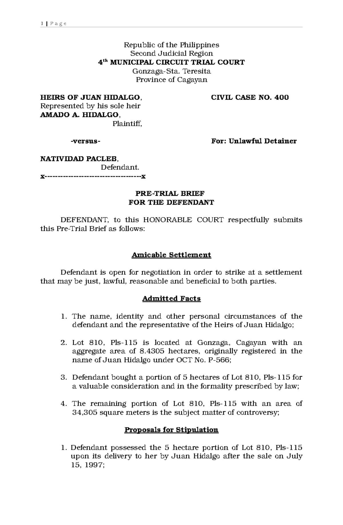 Pre-Trial Brief - Pacleb - Republic of the Philippines Second Judicial ...