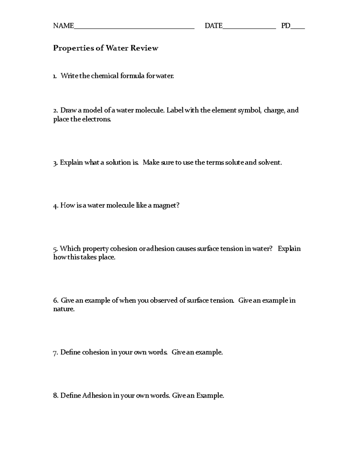 Properties Of Water Worksheet High School