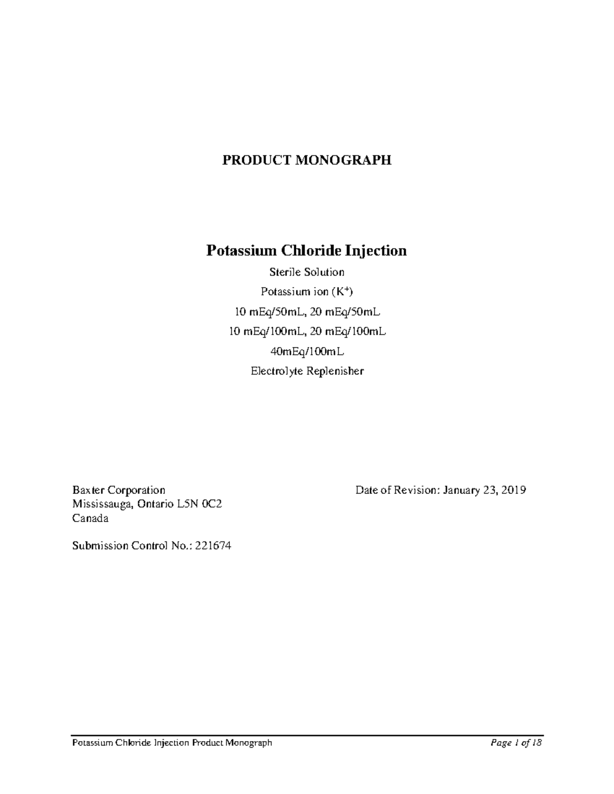 Potassium Chloride Injection EN PRODUCT MONOGRAPH Potassium Chloride