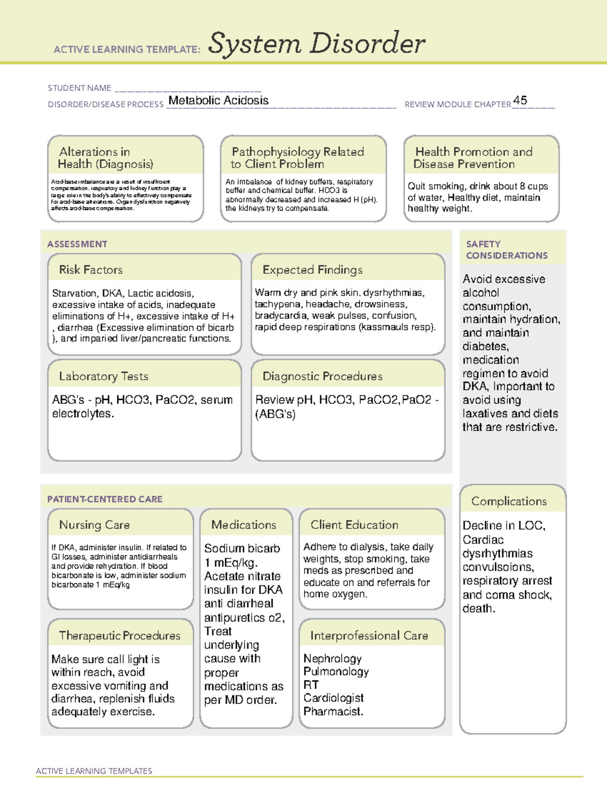 System Disorder - Metabolic Acidosis - ACTIVE LEARNING TEMPLATES System ...