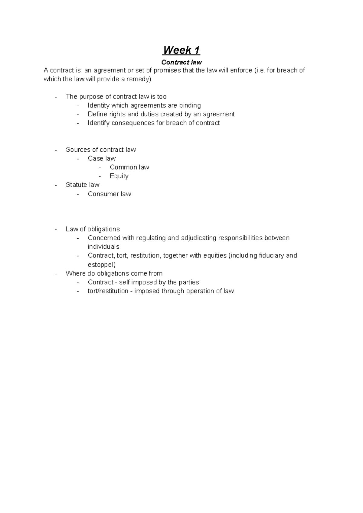 Seminars - NOTES - Week 1 Contract law A contract is: an agreement or ...
