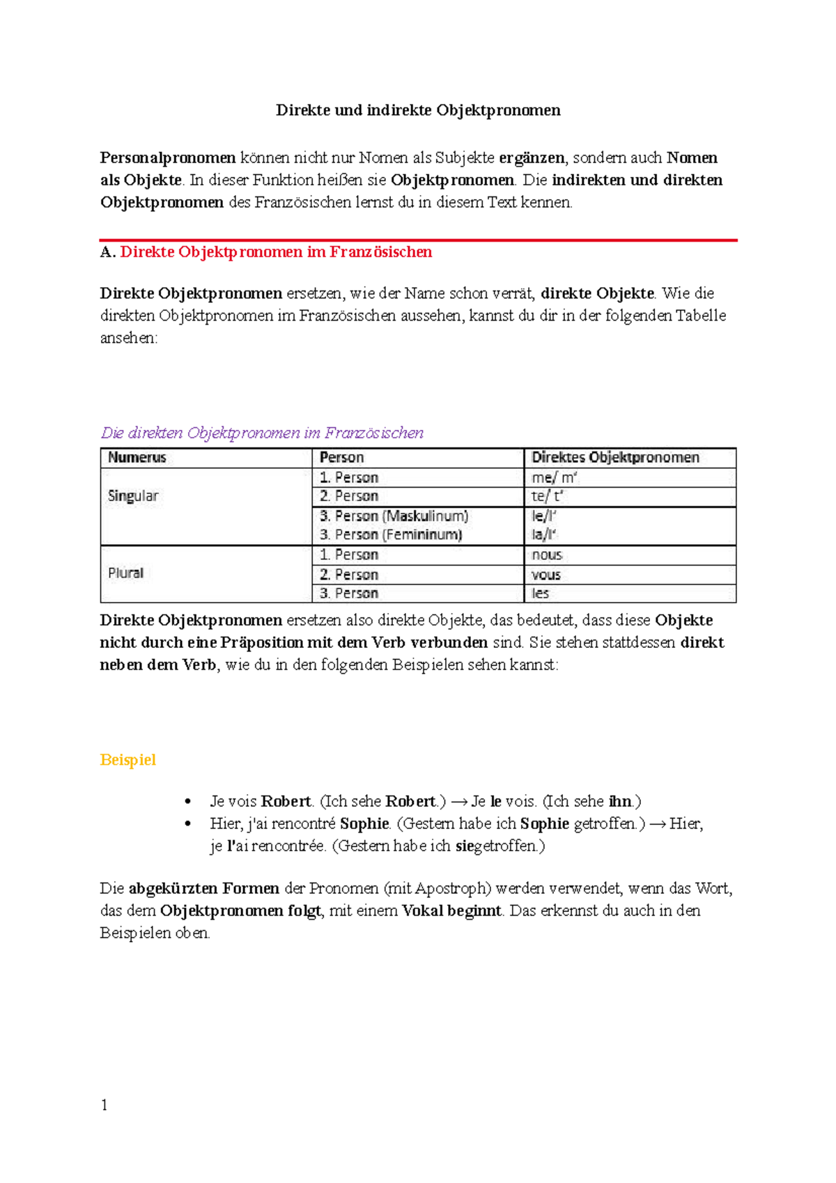 Direkte und indirekte Objektpronomen Direkte und indirekte Objektpronomen Personalpronomen
