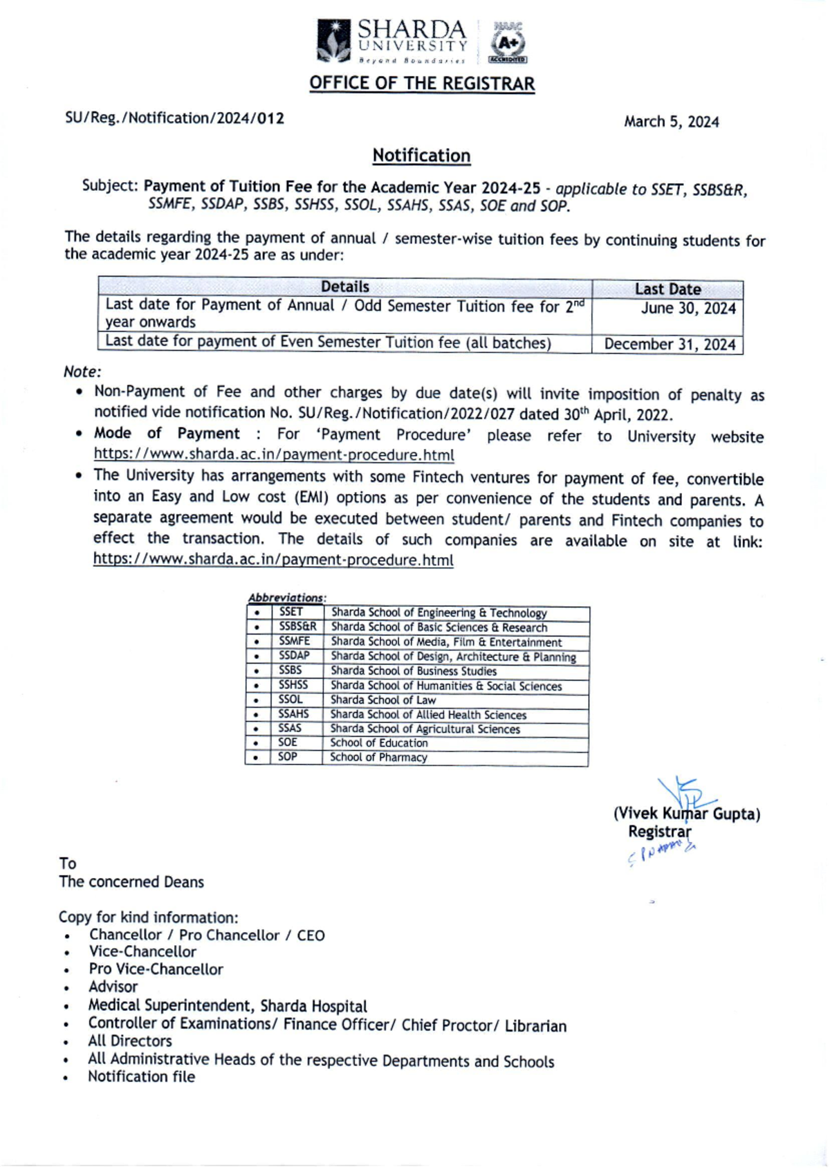 SU Reg Notification 2024 012 Payment of T Fee AY 2024-25 except-SMSR ...