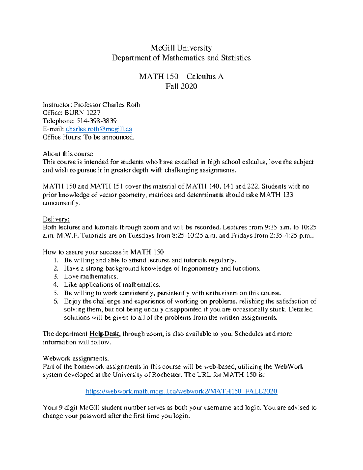 MATH150 Syllabus Fall2020 - McGill University Department of Mathematics ...