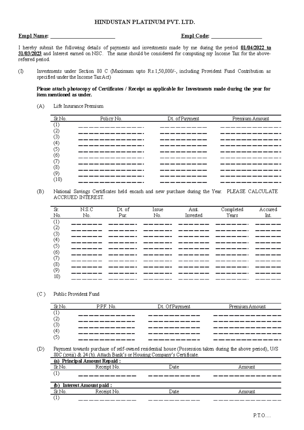 Investment Made Form 2022 23 HINDUSTAN PLATINUM PVT. LTD. Empl Name