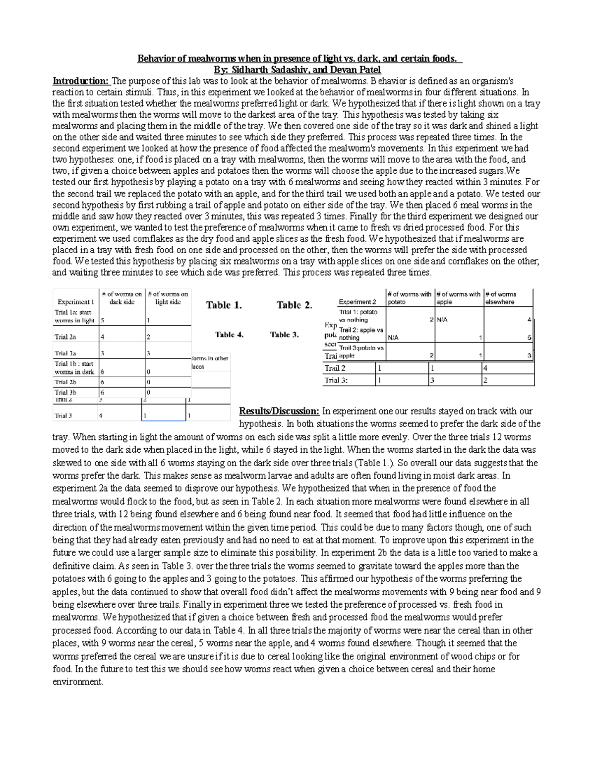 Bio lab 1 report Behavior of mealworms when in presence of light vs