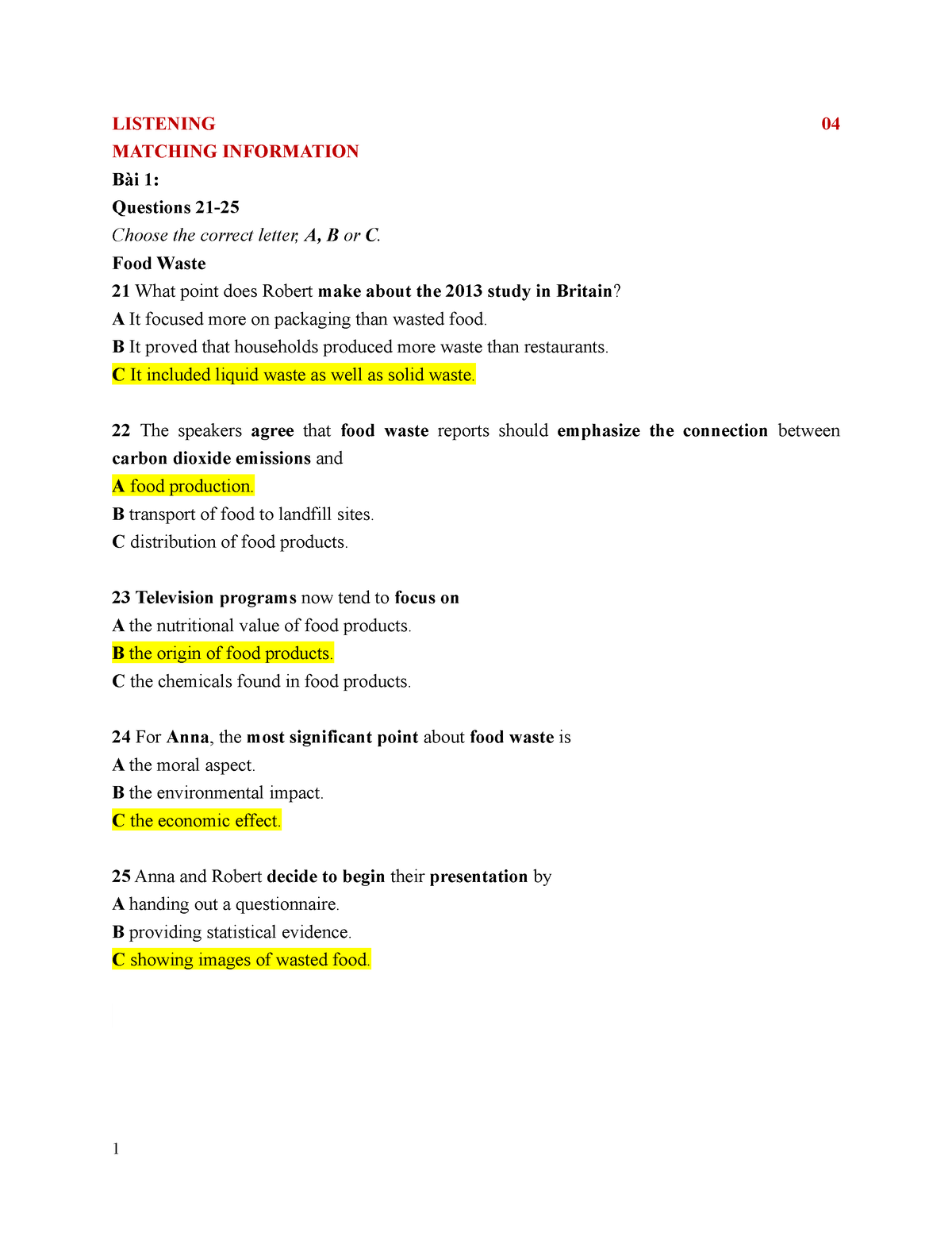 Intensive Listening - Homework 4 - LISTENING 04 MATCHING INFORMATION ...