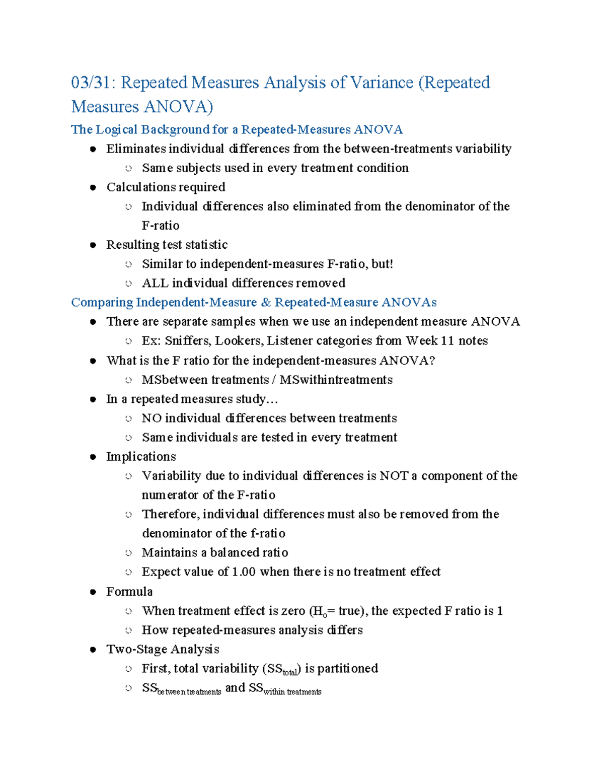 PSYC 274 Week 12 (03 31) - Repeated Measures ANOVA - 03/31: Repeated ...