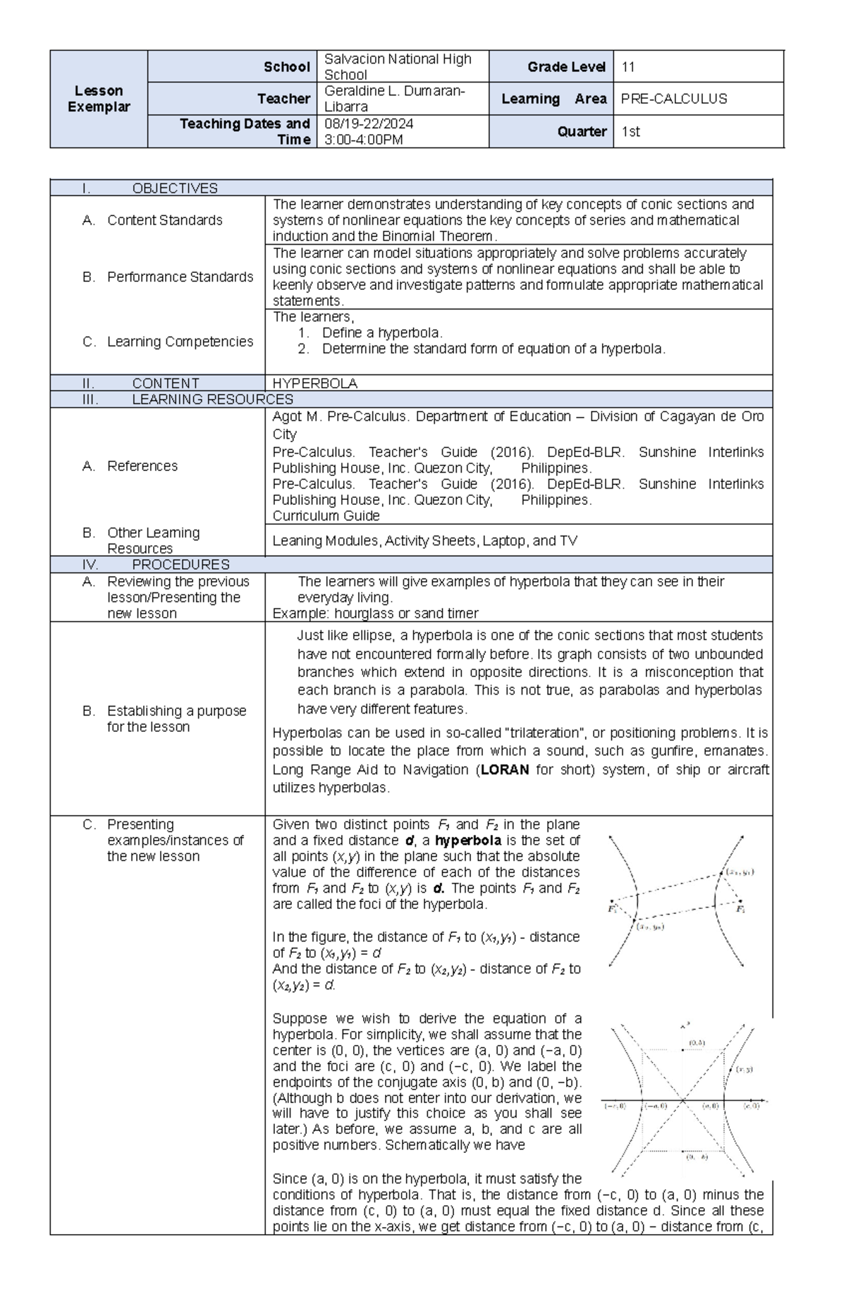 PC 4 - Conic Sections - Lesson Exemplar School Salvacion National High ...