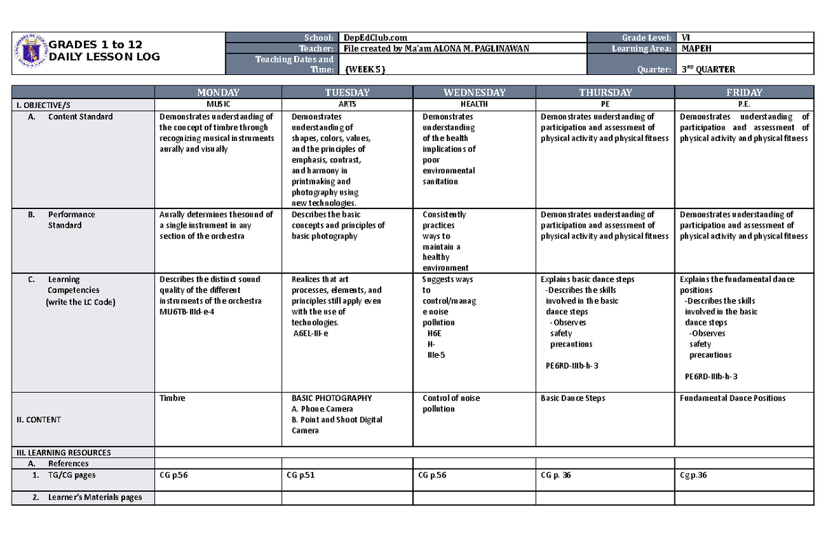 DLL Mapeh 6 Q3 W5 - AID LESSON PREP - GRADES 1 to 12 DAILY LESSON LOG ...