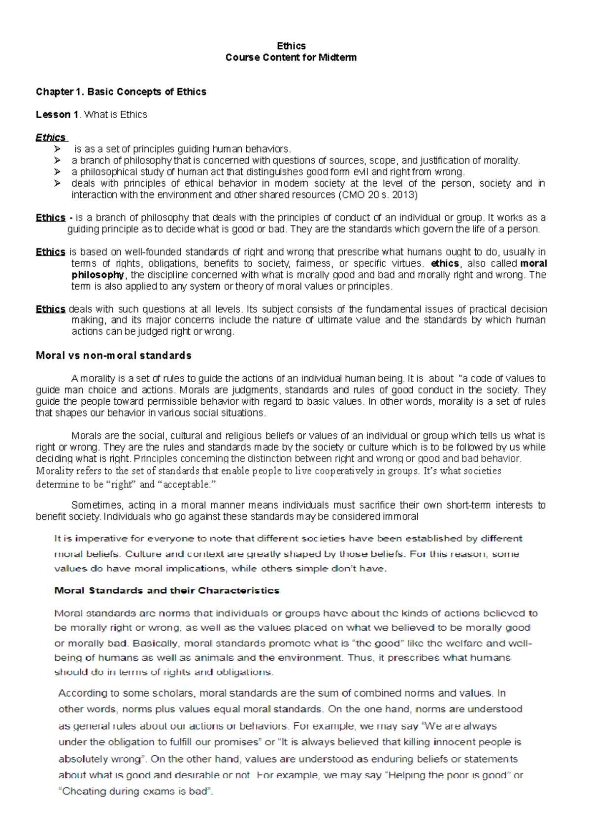 Course-Content-Midterm - Ethics Course Content for Midterm Chapter 1 ...