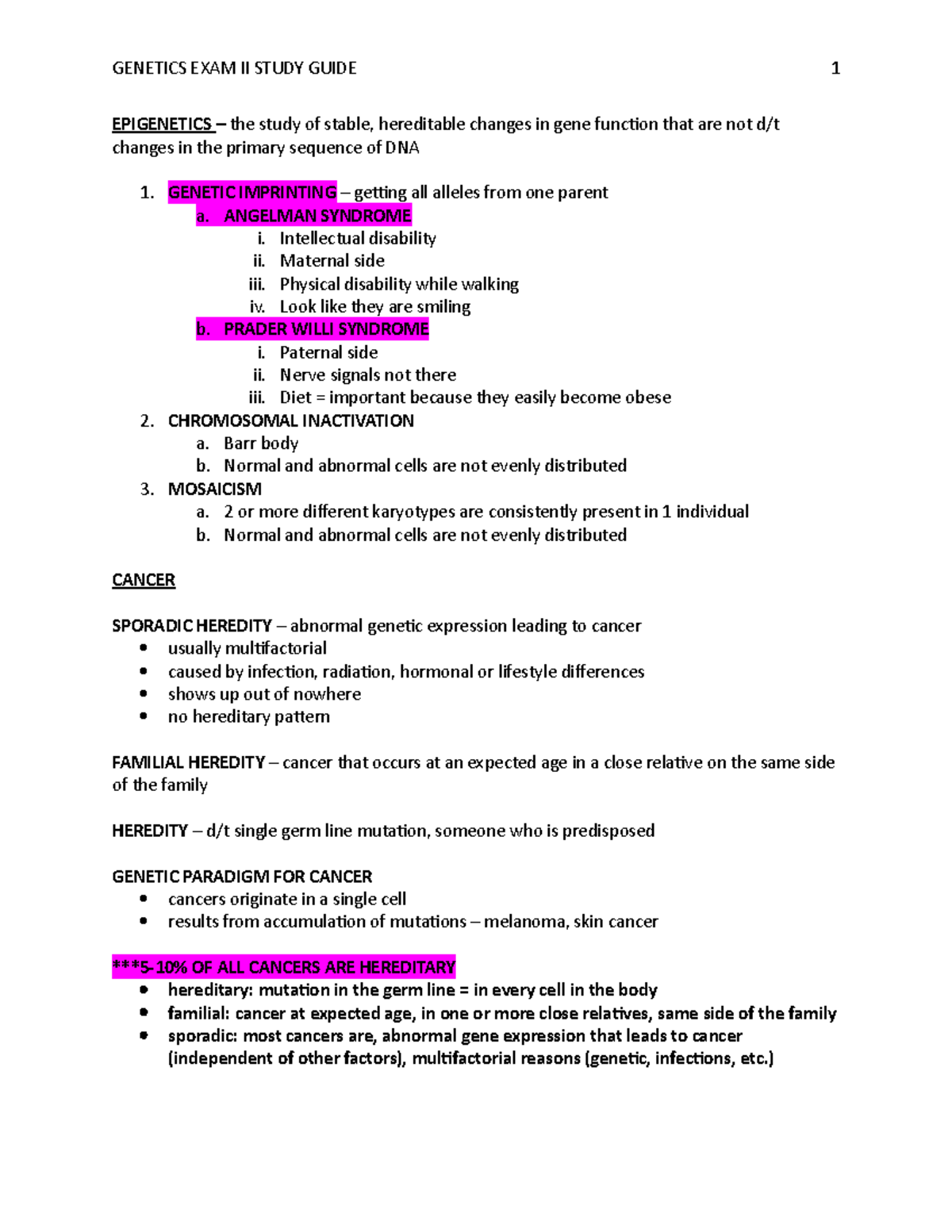 Exam 2 Study Guide Yes - EPIGENETICS – The Study Of Stable, Hereditable ...