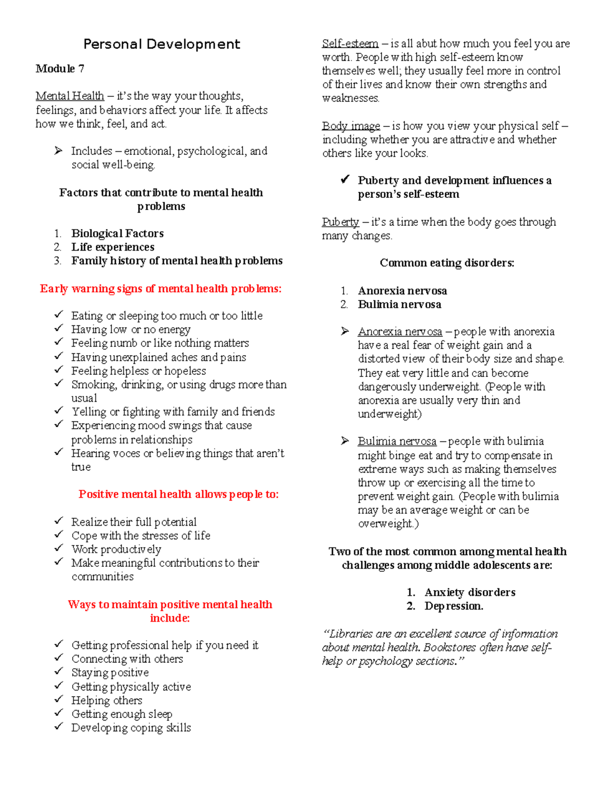 personal development - Personal Development Module 7 Mental Health – it ...