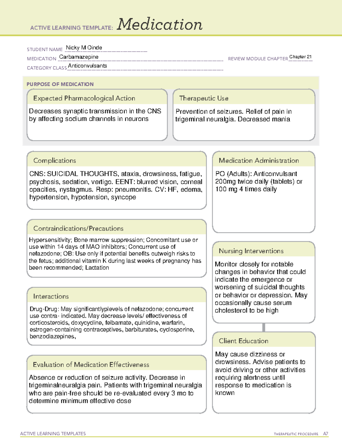 Carbamazepine - Ati templates - ACTIVE LEARNING TEMPLATES TherapeuTic ...