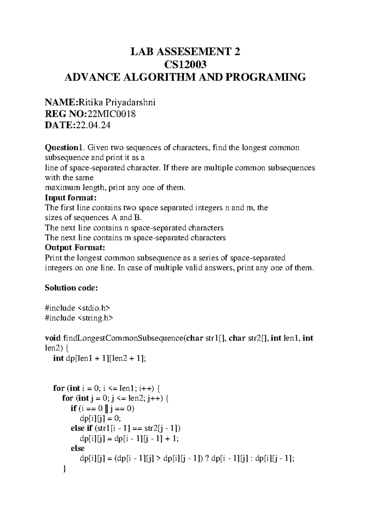 LAB Assesement 2(advance) LAB ASSESEMENT 2 CS ADVANCE ALGORITHM AND