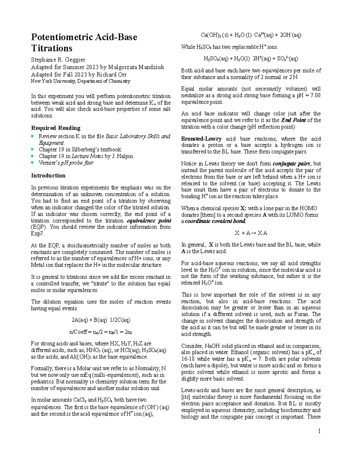 Exp8 Potentiometric Titration Potentiometric AcidBase Titrations