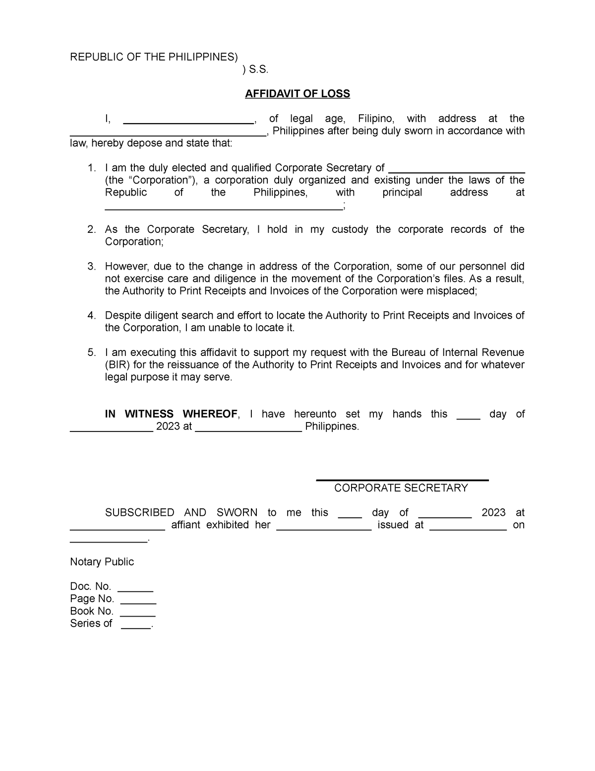 Affidavit Of Loss Authority To Print Receipts And Invoices REPUBLIC 