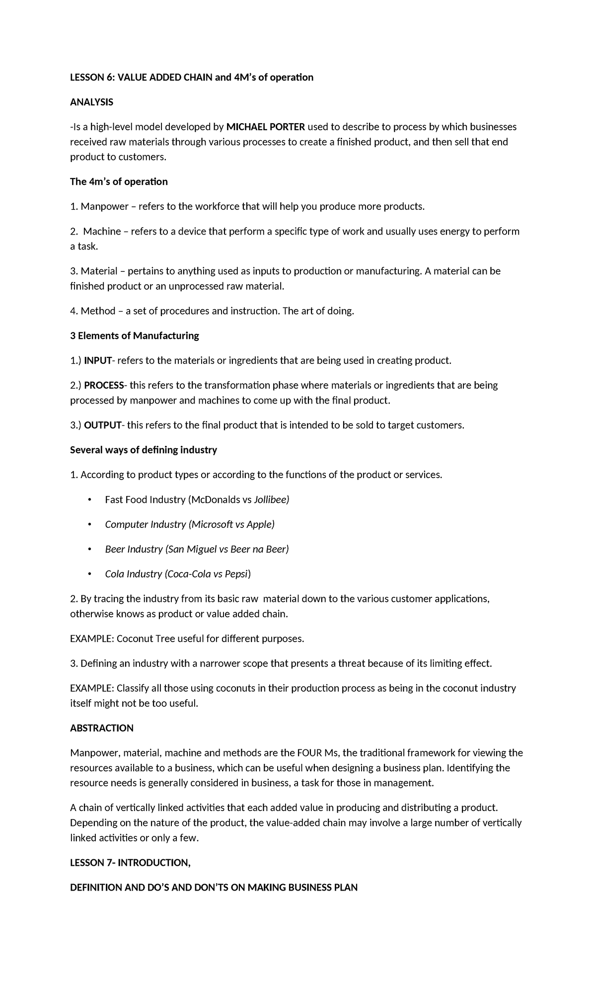 Second grading lesson entrep - LESSON 6: VALUE ADDED CHAIN and 4M’s of ...