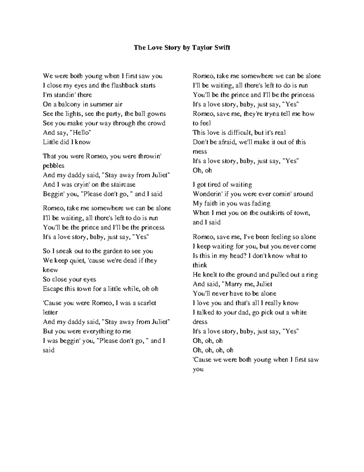 Taylor Swift We Were Both Young Critique Songs - The Love Story by Taylor Swift We were both young when