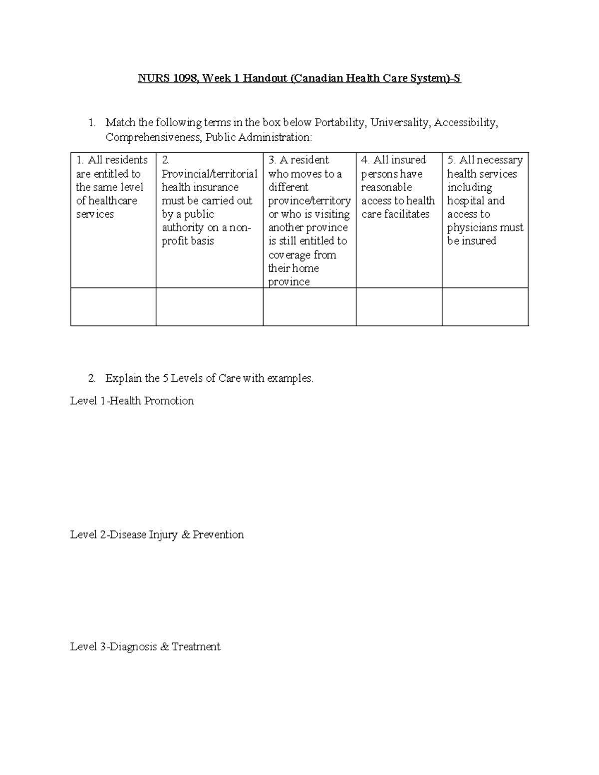 Week #1 handouts - NURS 1098, Week 1 Handout (Canadian Health Care ...