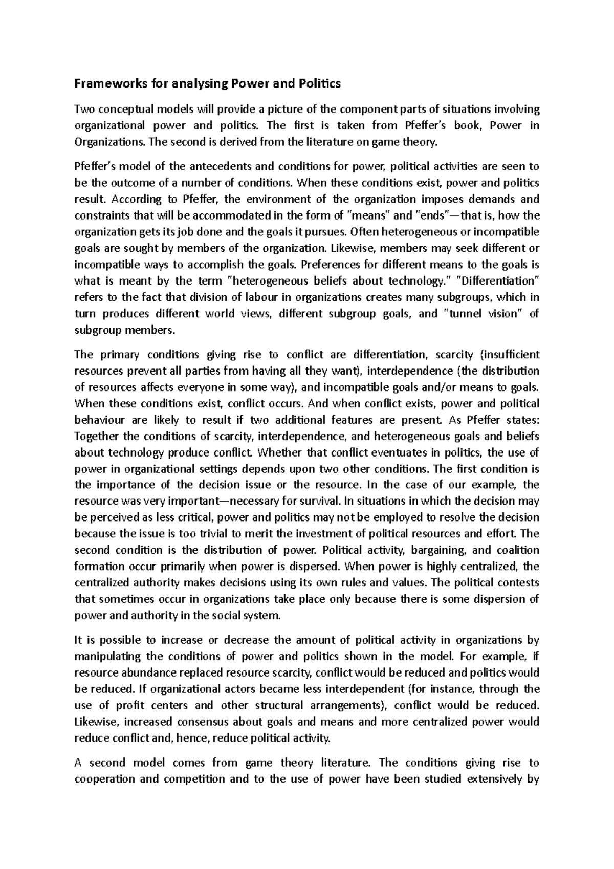 Frameworks for analysing Power and Politics - The first is taken from ...