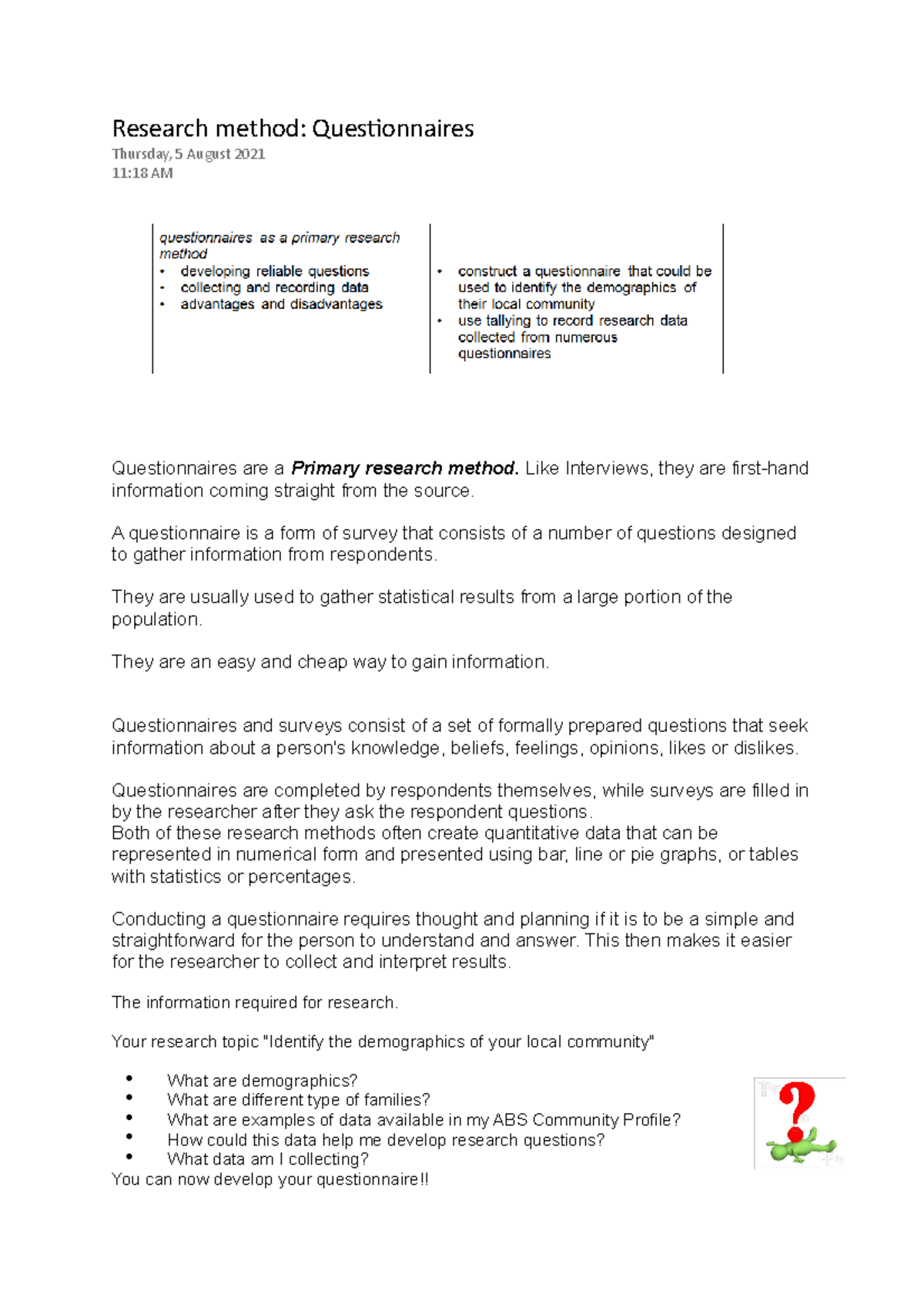 Questionaires as a Research method - Research method: Questionnaires ...