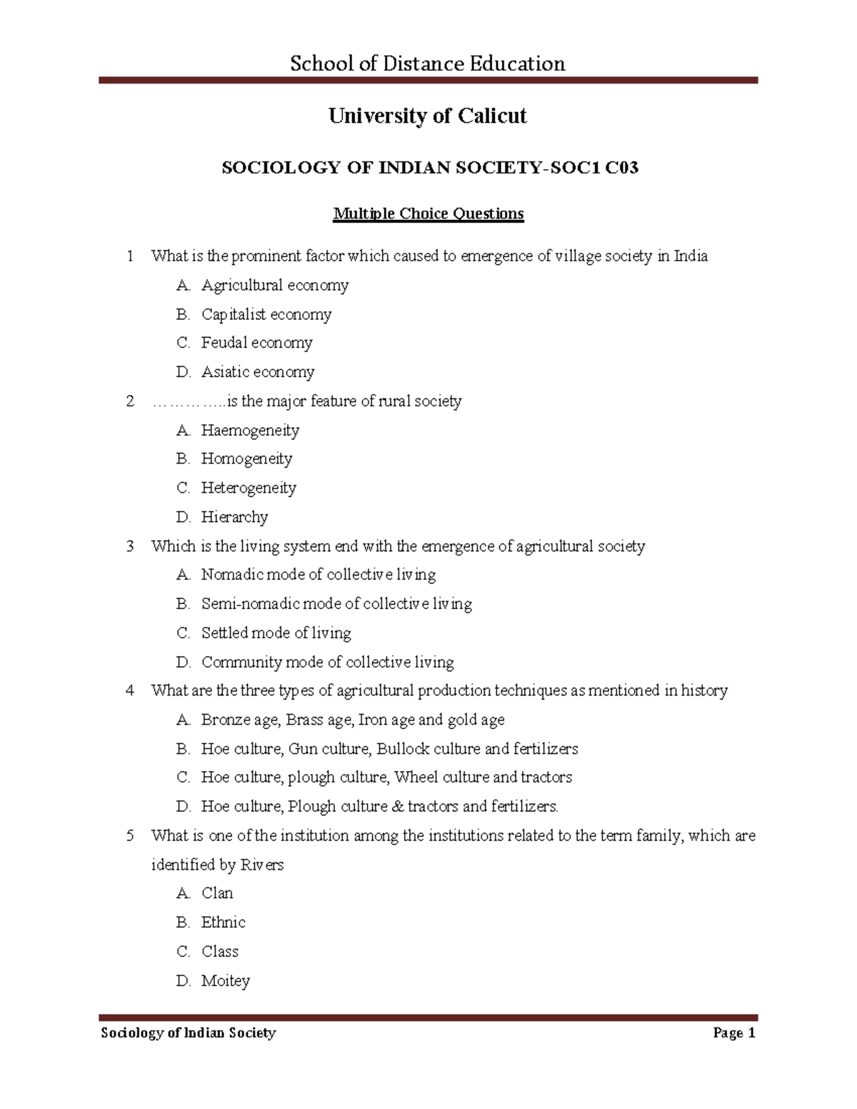 1 SEM indian society University of Calicut SOCIOLOGY OF INDIAN