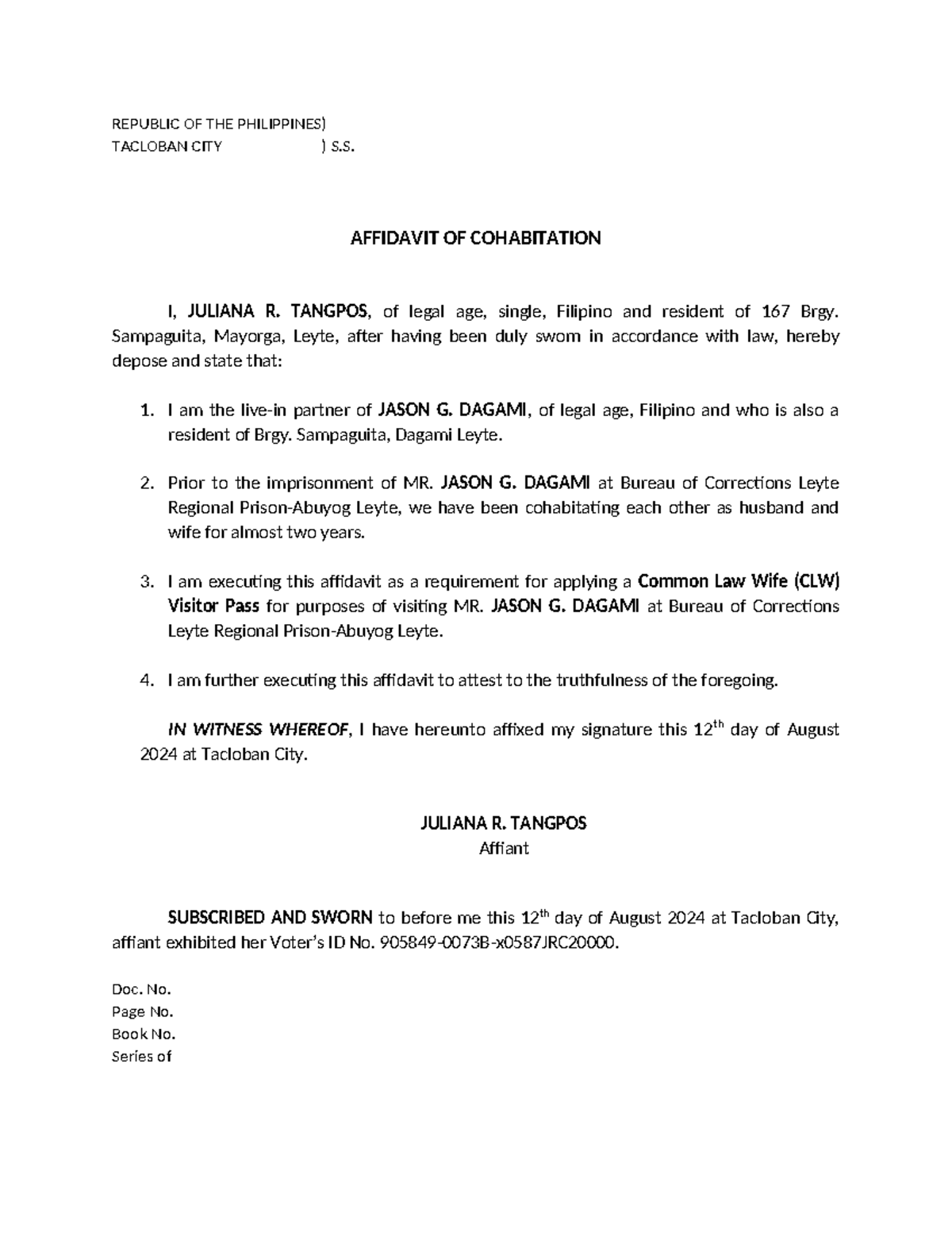 Affidavit of cohabitation Juliana - REPUBLIC OF THE PHILIPPINES ...