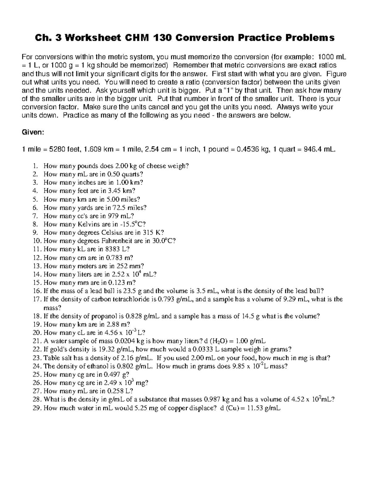 Dimensional Analysis Problems Worksheet