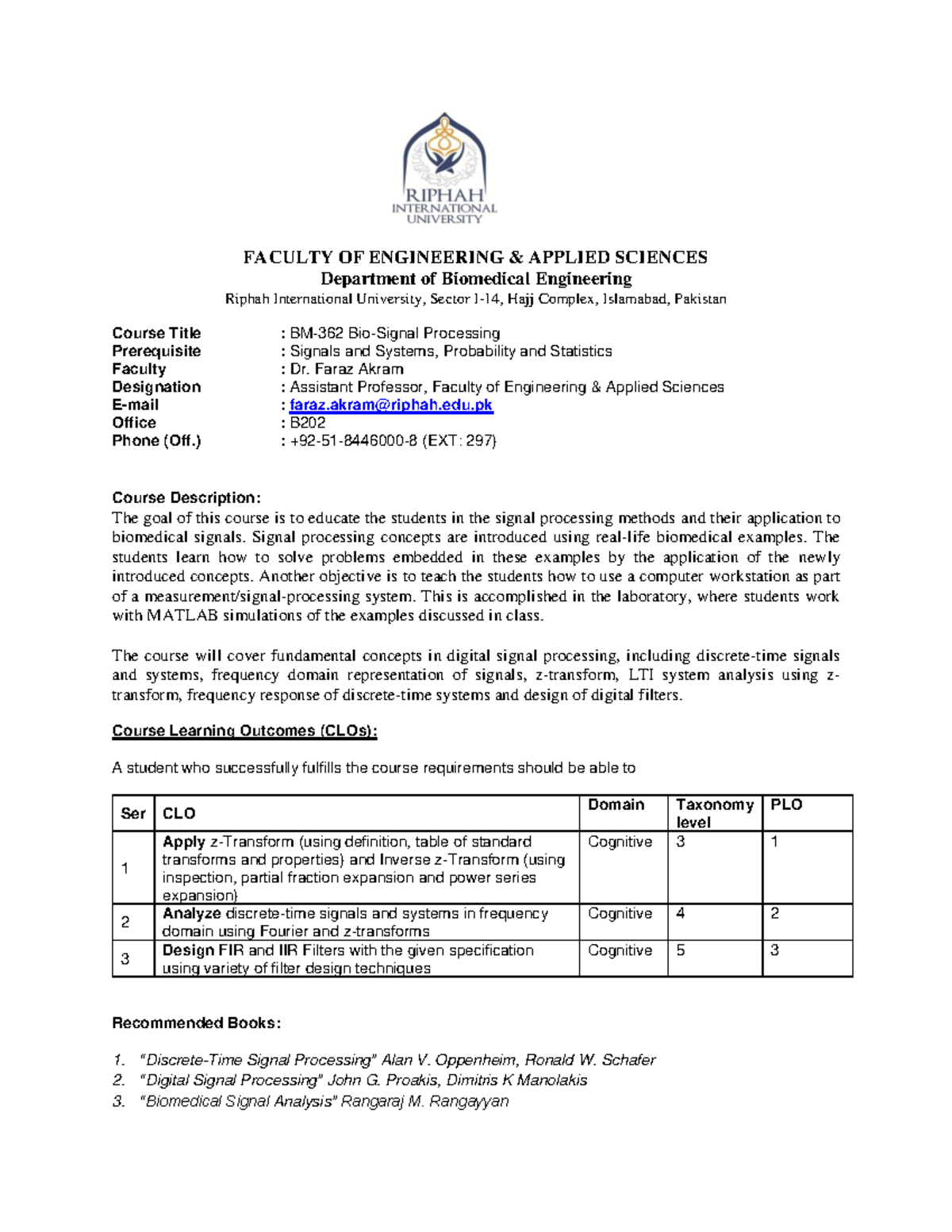 Biosignal processing (Course Outlines) FACULTY OF ENGINEERING