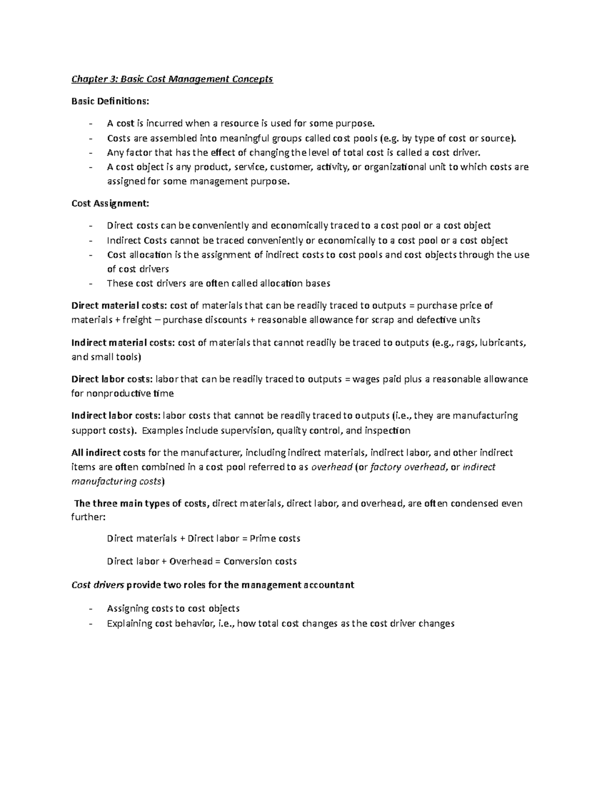 Chapter 3 - Lecture notes 3 - Chapter 3: Basic Cost Management Concepts ...