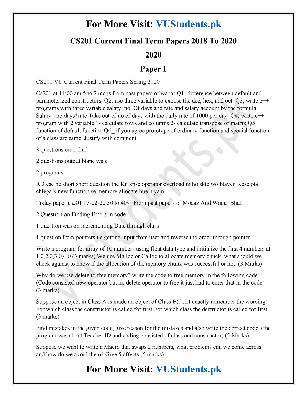 CS201 Current Papers 2018 To 2020 - CS201 Current Final Term Papers ...