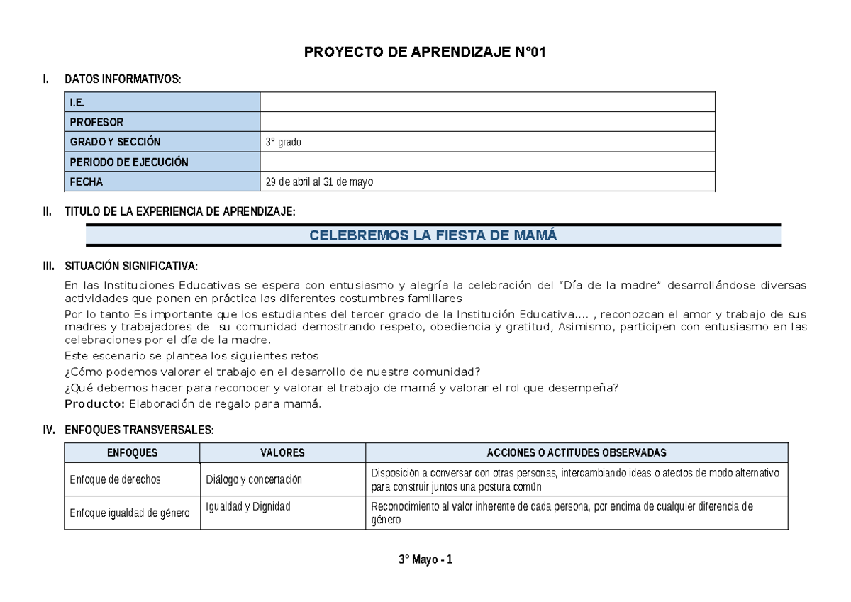 3° Grado - Proyecto DE Aprendizaje N°01 - PROYECTO DE APRENDIZAJE N° I ...