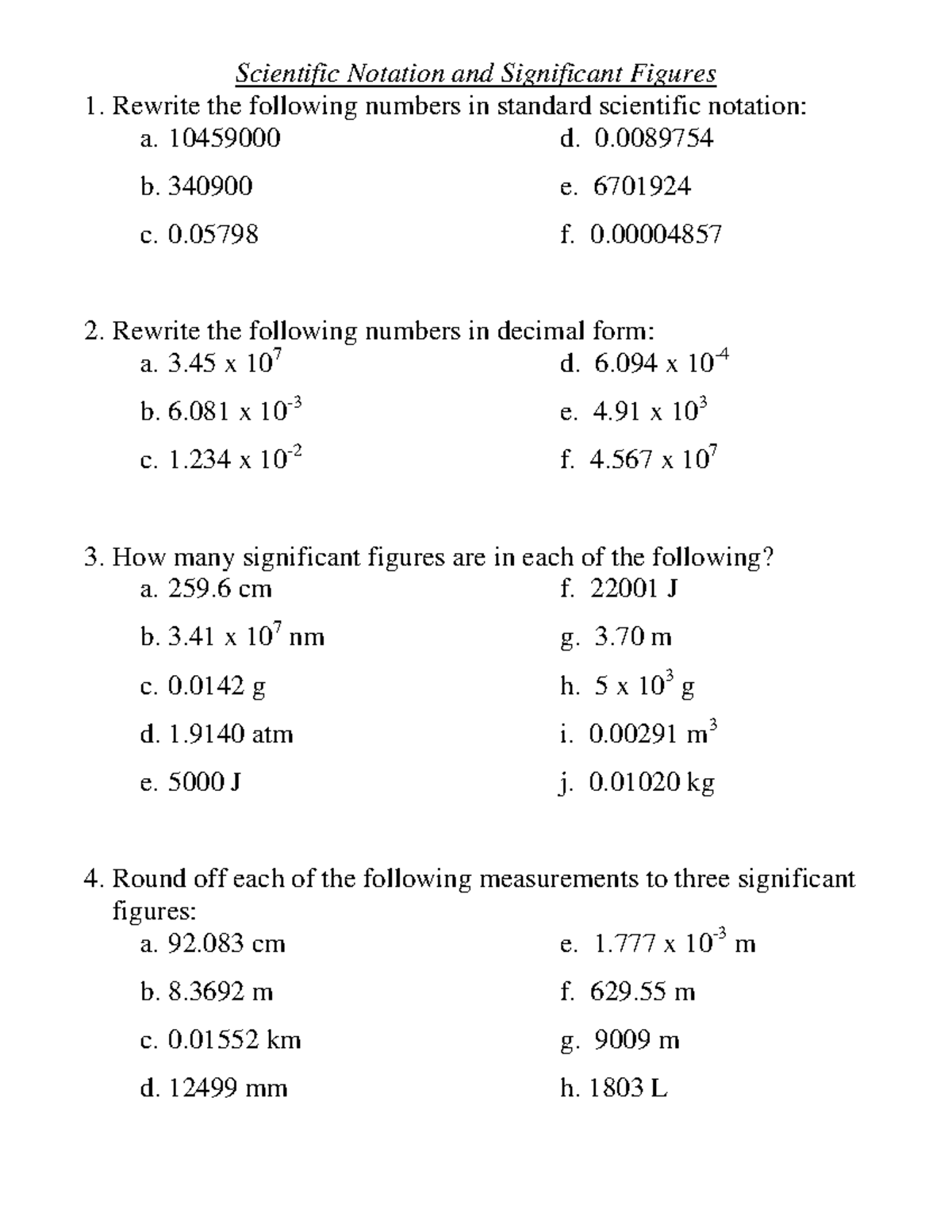 Sci Notation Sig Figs And Dim Analysis Scientific Notation And