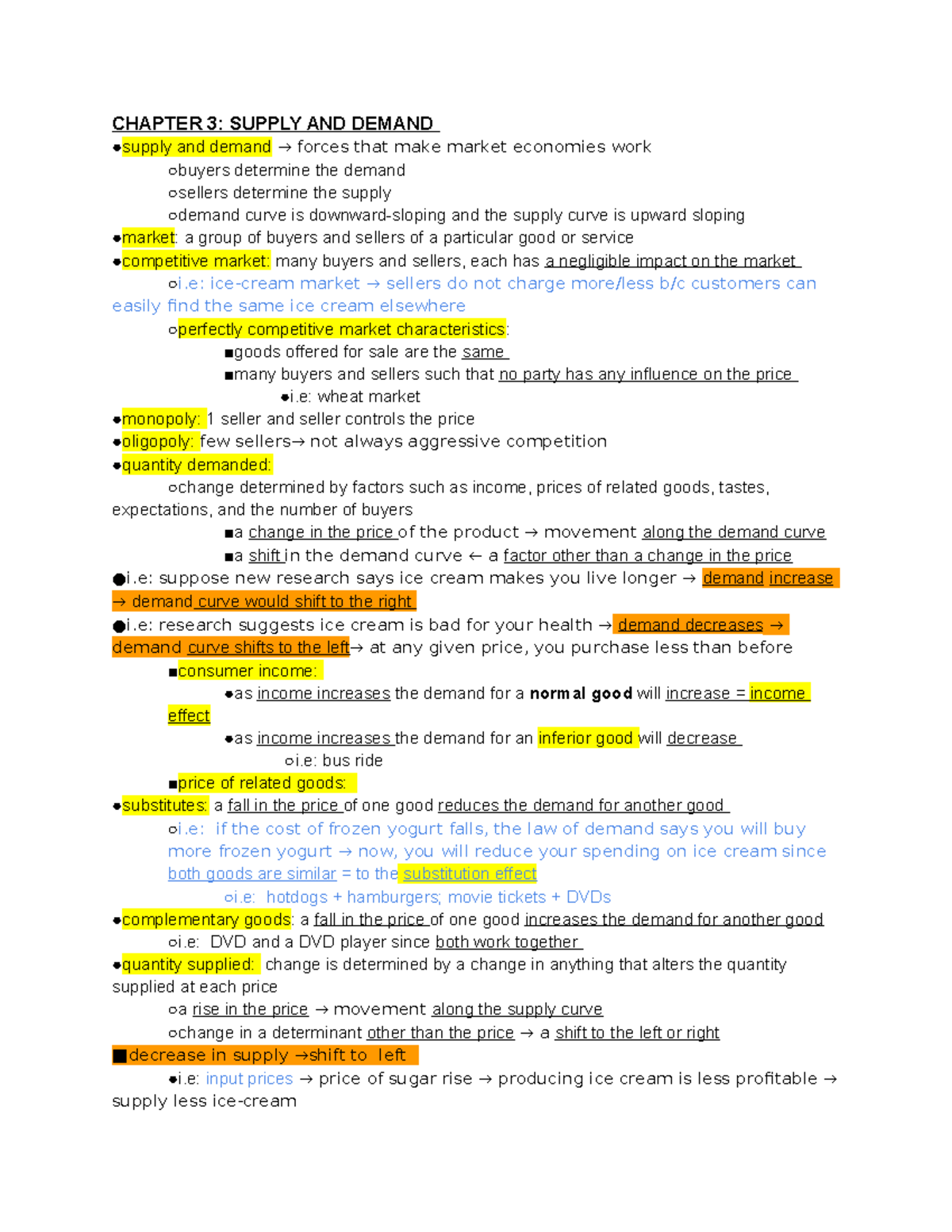 Econ midterm review notes - CHAPTER 3: SUPPLY AND DEMAND supply and ...
