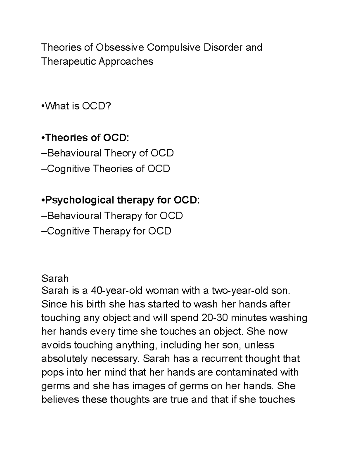 Lecture 9 and 10 OCD - Theories of Obsessive Compulsive Disorder and ...