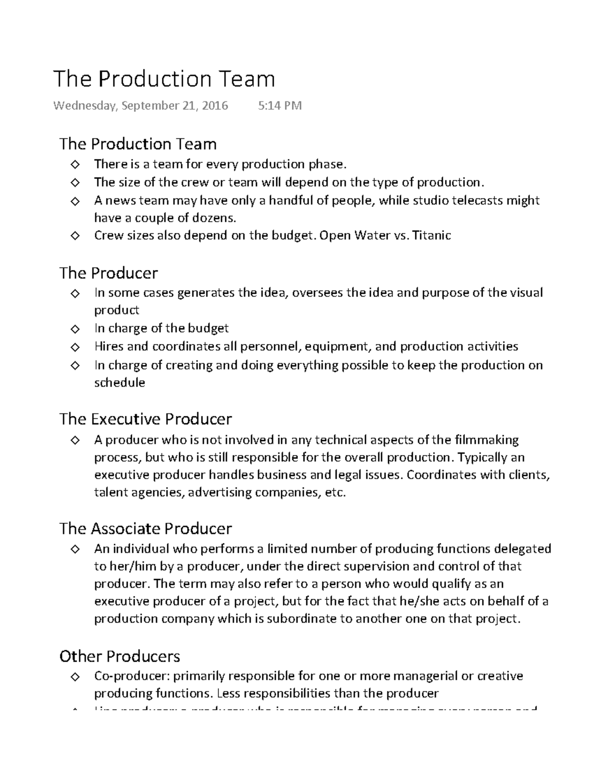 The Production Team Lecture notes 5 The Production Team Wednesday, September 21, 2016 514