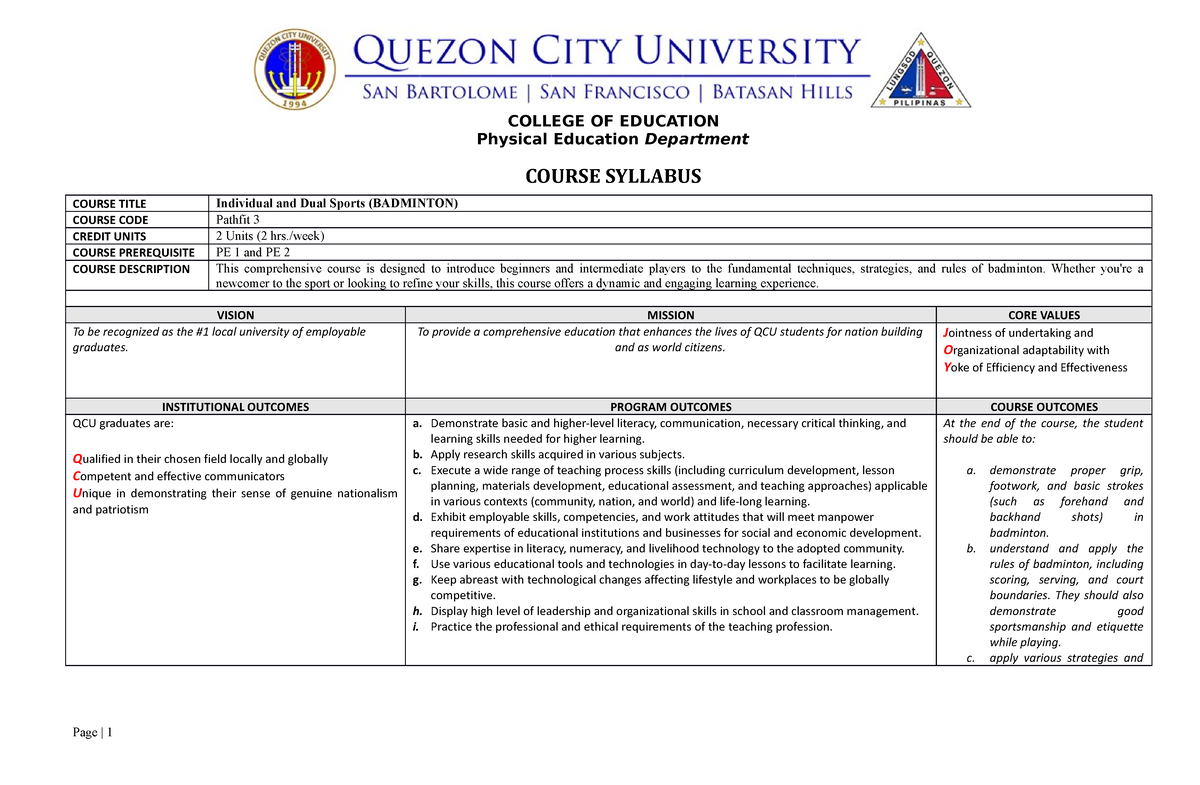 PE-3-syllabus Badminton - Physical Health - Studocu