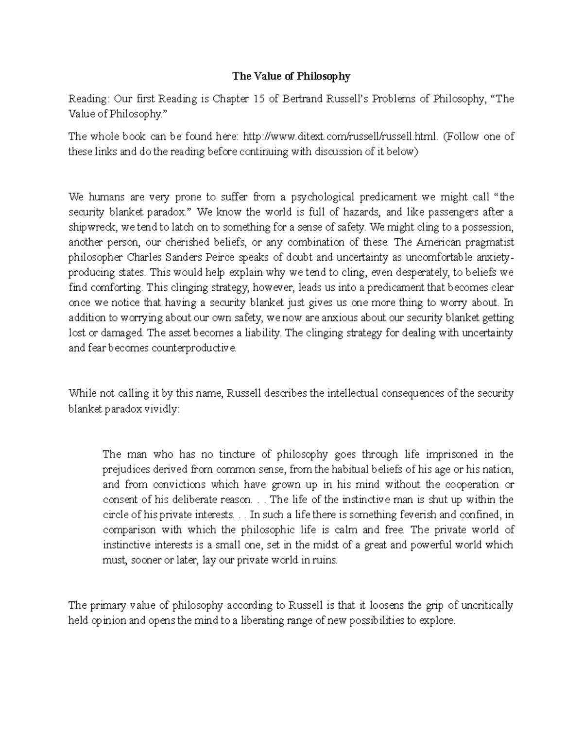 Philosw1 intro to philo The Value of Philosophy Reading Our