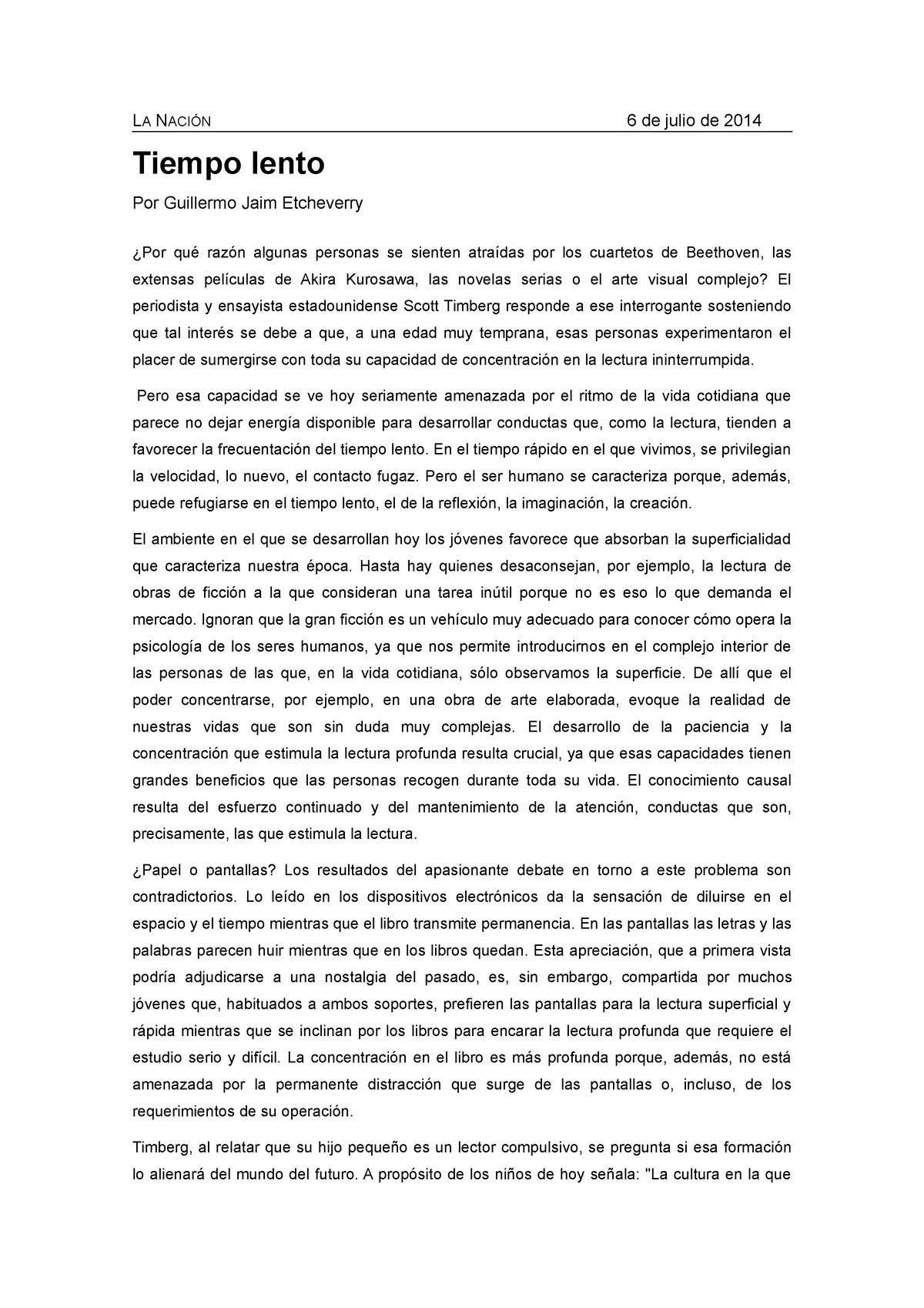 Texto Tiempo lento, de Etcheverry - LA NACIÓN 6 de julio de 2014 Tiempo ...