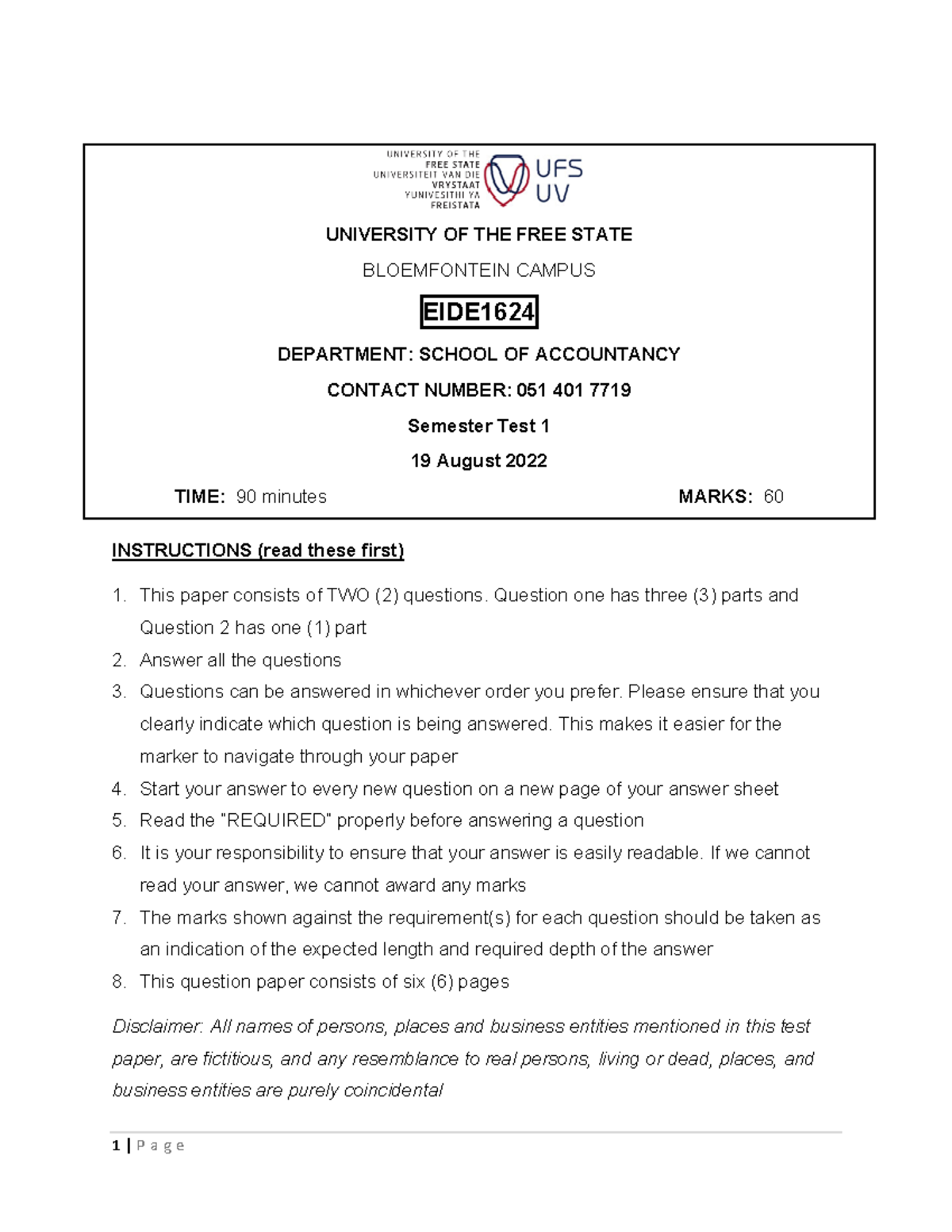 2022 Test 1 Semester Test 1 INSTRUCTIONS (read these first) This paper consists of TWO (2