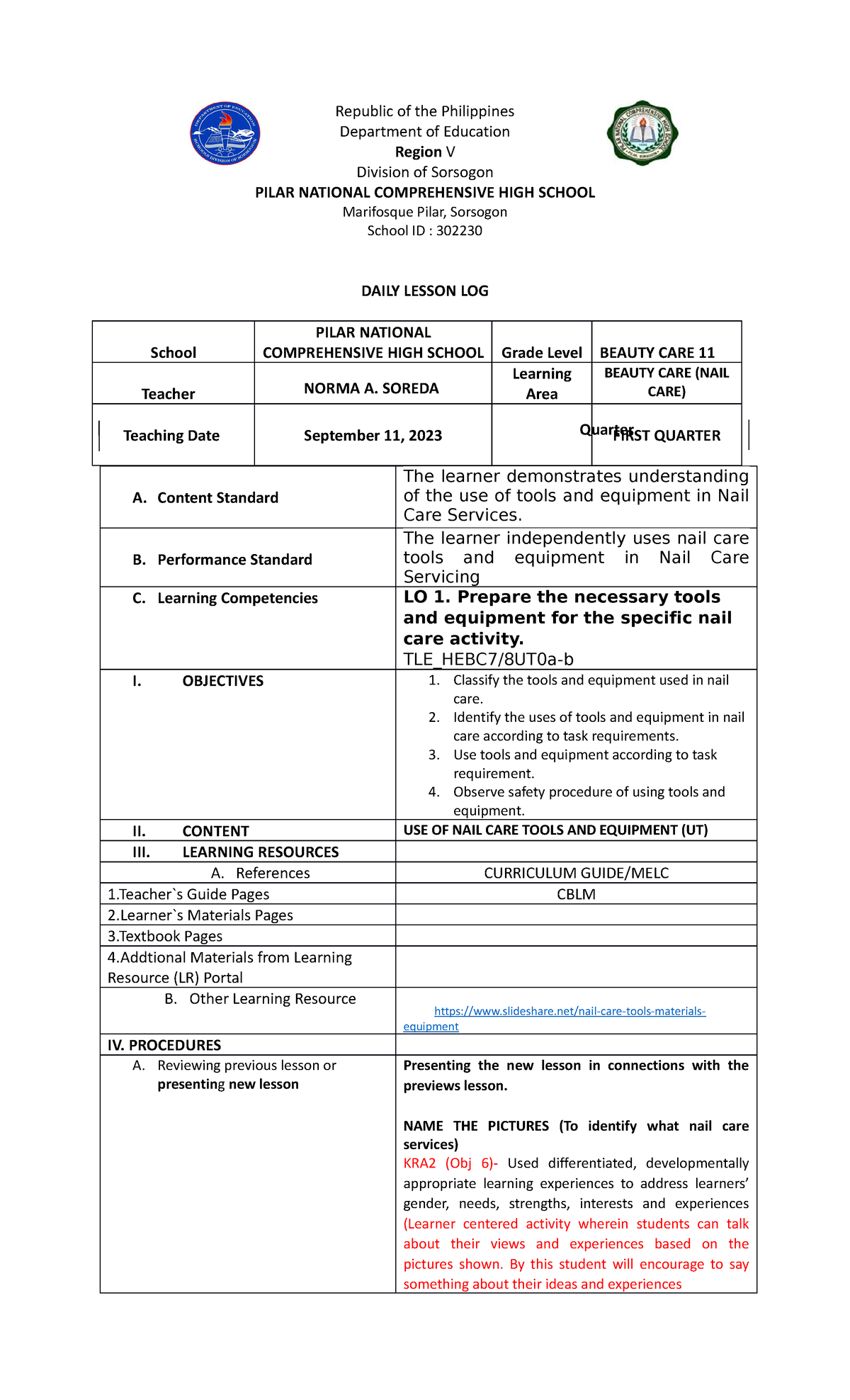 Dll Bc11 Sample Dll Republic Of The Philippines Department Of Education Region V Division Of 