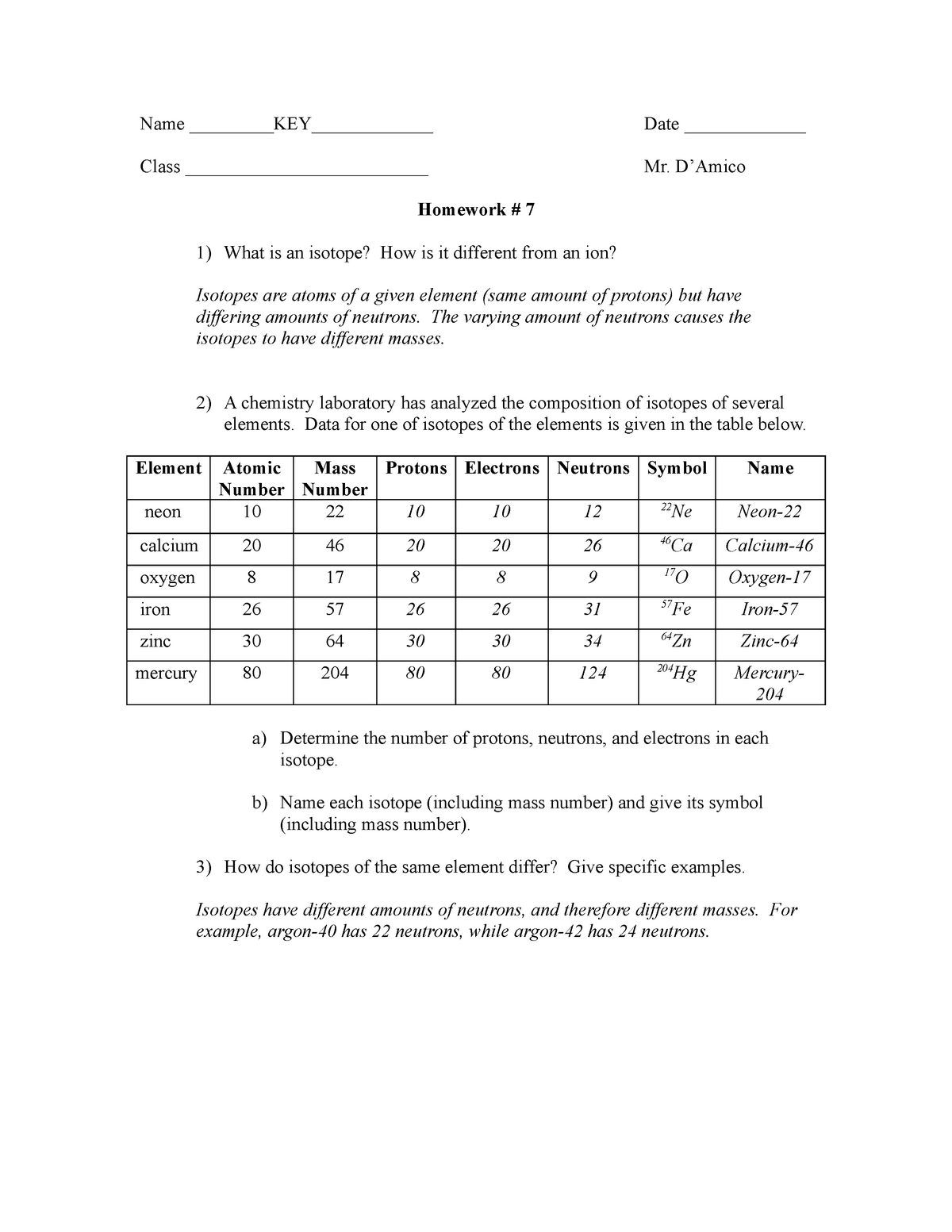 HW 22 Answer Key - Lecture notes 22 - Name KEY____ Date ______ Class With Regard To Isotopes Worksheet Answer Key