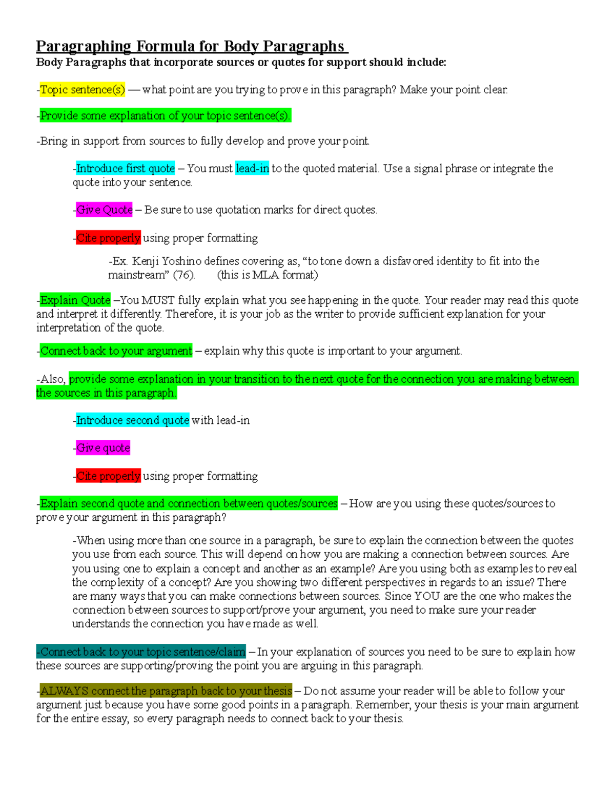 Paragraphing Formula for Body Paragraphs Color Coded interactive ...