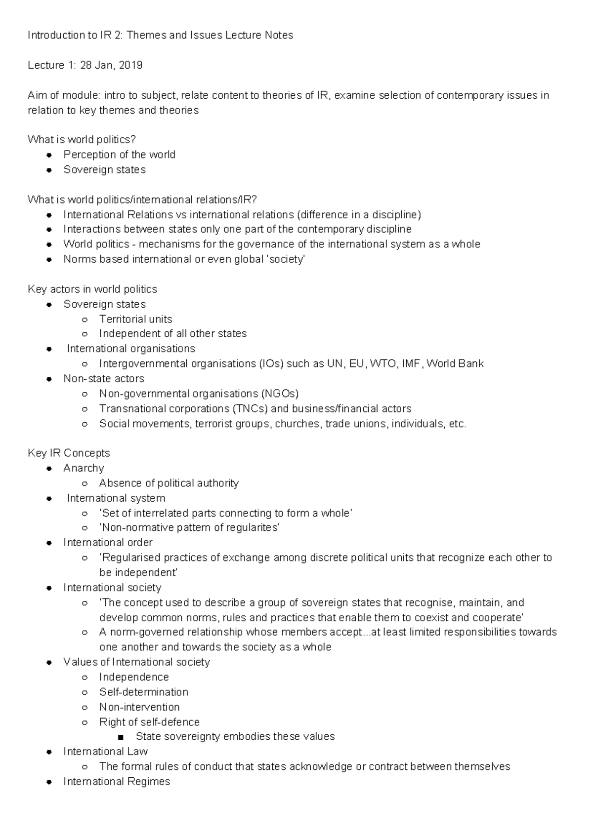 Introduction to IR 2 Themes and Issues Lecture Notes - Key IR Concepts ...