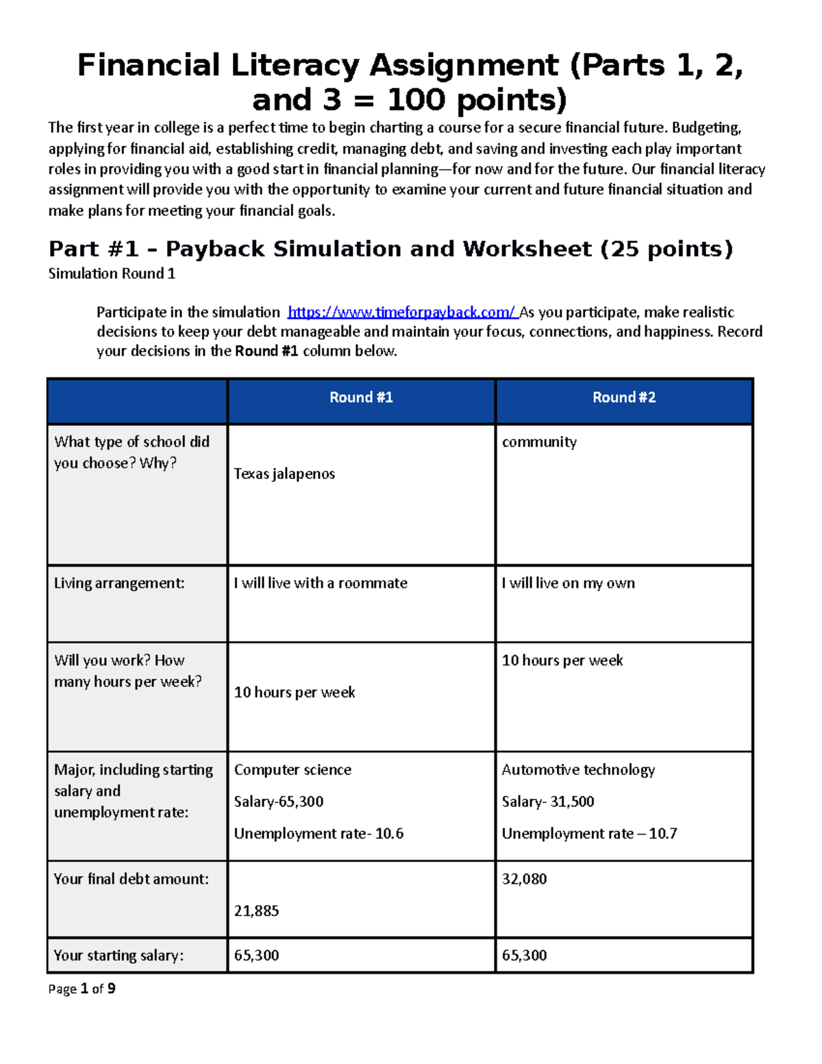 financial aid assignment