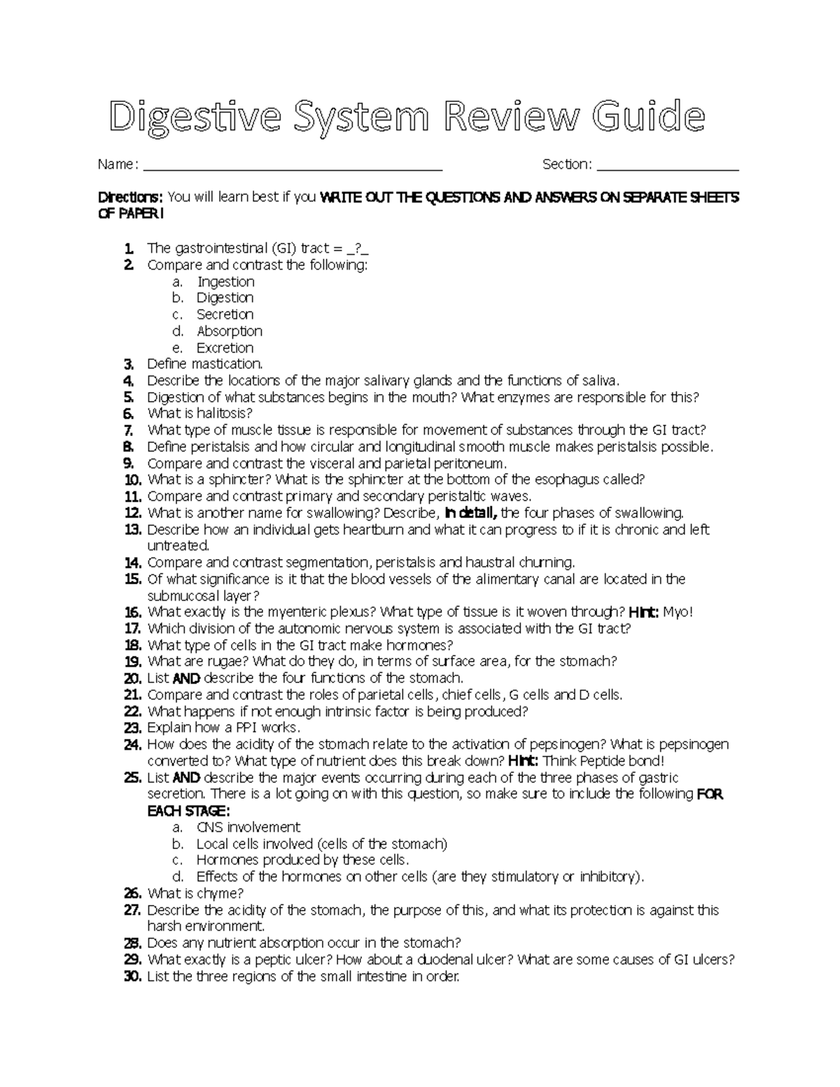 Digestive System Review Sheet Answers